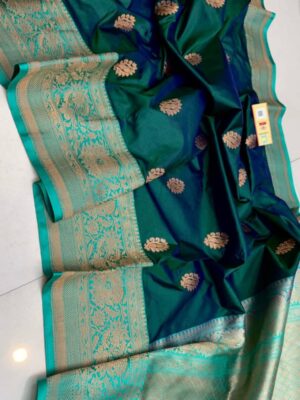 Dark Teal And Aqua Blue Border Pure Handloom Katan Silk Saree with Antique Zari