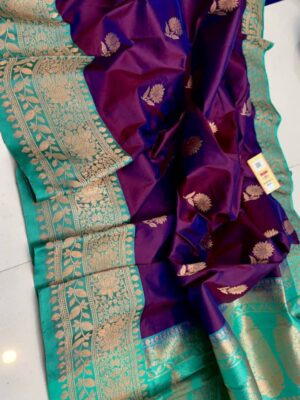 Wine Purple And Teal Blue Border Pure Handloom Katan Silk Saree with Antique Zari