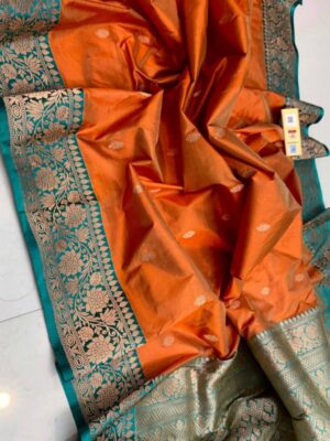 Orange And Teal Blue Border Pure Handloom Katan Silk Saree with Antique Zari