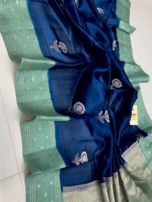 Navy Blue And Mint Green Pure Raw Mango Silk Saree with Rich Pallu & Contrast Blouse