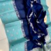 Navy Blue And Teal Blue Border Pure Raw Mango Silk Saree with Rich Pallu & Contrast Blouse