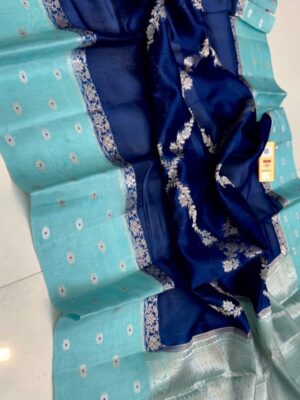 Navy Blue And Teal Blue Border Pure Raw Mango Silk Saree with Rich Pallu & Contrast Blouse