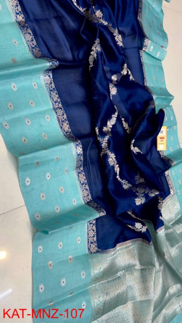 Navy Blue And Teal Blue Border Pure Raw Mango Silk Saree with Rich Pallu & Contrast Blouse