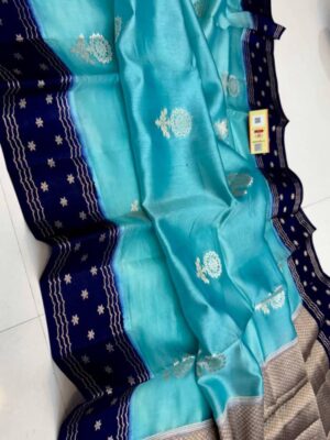 Aqua Blue And Navy Blue Border Pure Raw Mango Silk Saree with Rich Pallu & Contrast Blouse