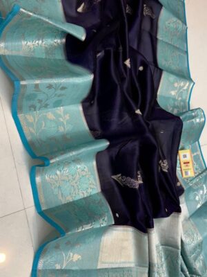 Midnight Blue And Teal Blue Border Pure Raw Mango Silk Saree with Rich Pallu & Contrast Blouse