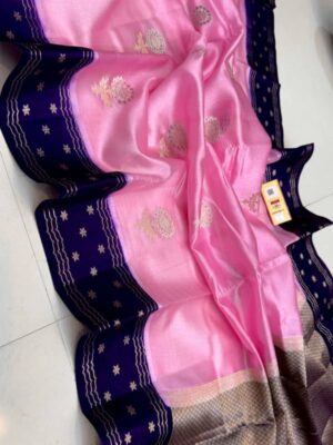 Pink And Midnight Blue Border Pure Raw Mango Silk Saree with Rich Pallu & Contrast Blouse