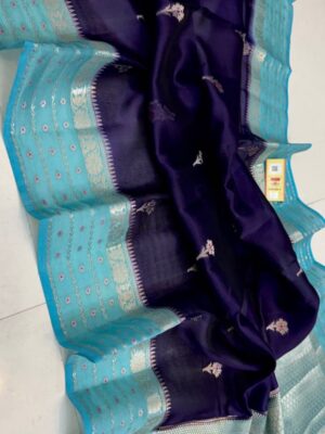Midnight Blue And Teal Blue Border Pure Raw Mango Silk Saree with Rich Pallu & Contrast Blouse