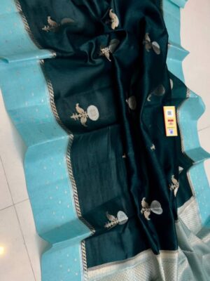 Dark Green And Teal Blue Border Pure Raw Mango Silk Saree with Rich Pallu & Contrast Blouse