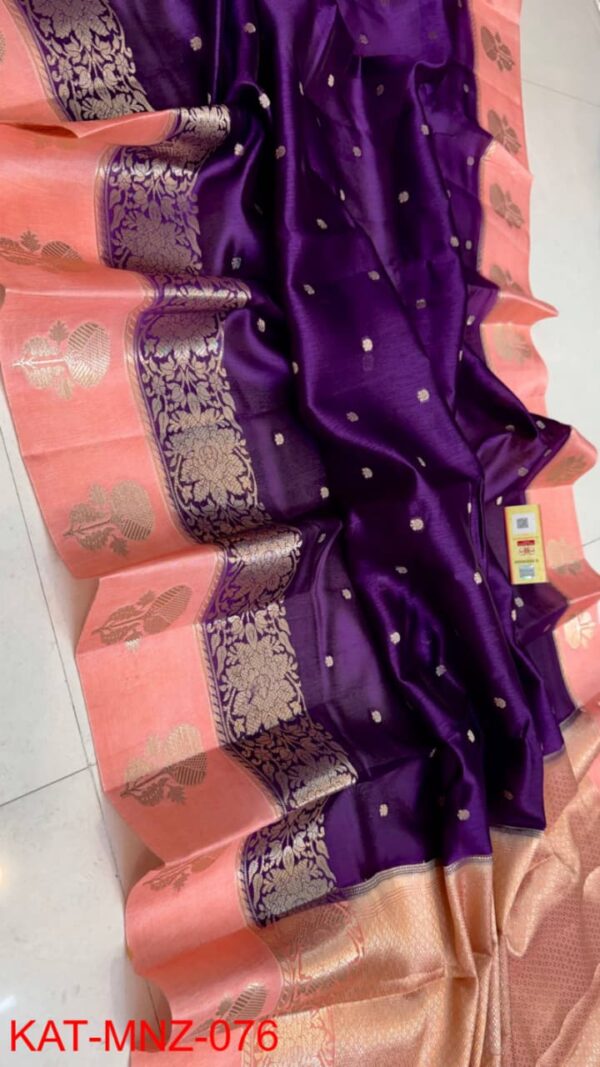 Purple And Pink Border Pure Raw Mango Silk Saree with Rich Pallu & Contrast Blouse