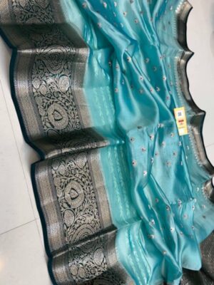 Teal Blue And Black Border Pure Raw Mango Silk Saree with Rich Pallu & Contrast Blouse