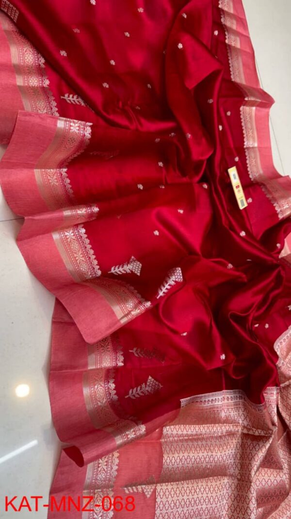 Red And Light Pink Border Pure Raw Mango Silk Saree with Rich Pallu & Contrast Blouse