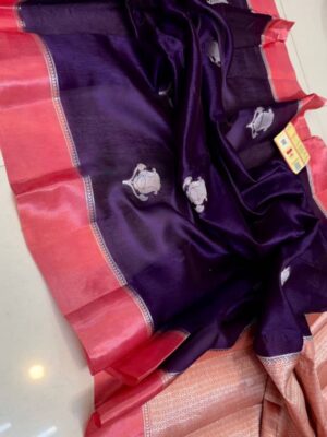 Midnight Blue And Pink Border Pure Raw Mango Silk Saree with Rich Pallu & Contrast Blouse