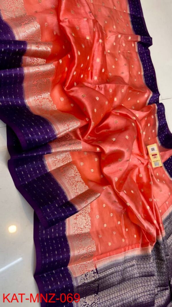 Light Orange And Purple Border Pure Raw Mango Silk Saree with Rich Pallu & Contrast Blouse