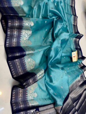 Teal Blue And Dark Purple Border Pure Raw Mango Silk Saree with Rich Pallu & Contrast Blouse
