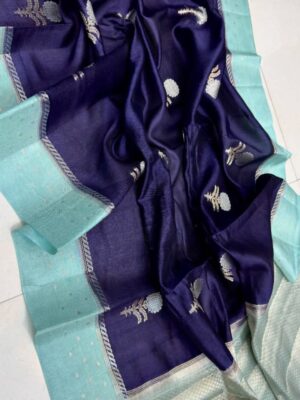 Midnight Blue And Teal Blue Border Pure Raw Mango Silk Saree with Rich Pallu & Contrast Blouse