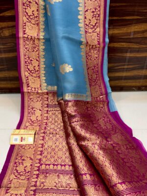 Light Blue Pure Banarasee Handloom Organza Silk Saree
