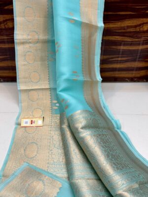 Sky Blue Pure Banarasee Handloom Organza Silk Saree