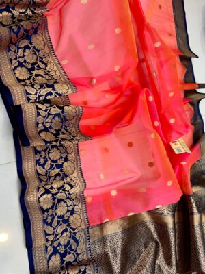 Bright Coral Pink And Navy Blue Border Premium Kora Kaduwa Saree with Mashru Border