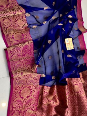 Royal Blue And Pink Border Premium Kora Kaduwa Saree with Mashru Border