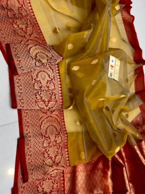 Golden Yellow And Red Border Premium Kora Kaduwa Saree with Mashru Border