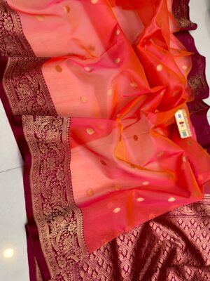 Peach Orange And Maroon Border Premium Kora Kaduwa Saree with Mashru Border