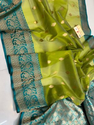 Green And Teal Blue Border Premium Kora Kaduwa Saree with Mashru Border