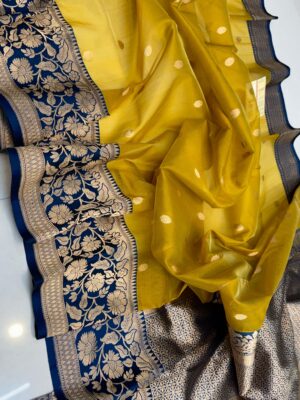 Bright Yellow And Deep Navy Blue Border Premium Kora Kaduwa Saree with Mashru Border