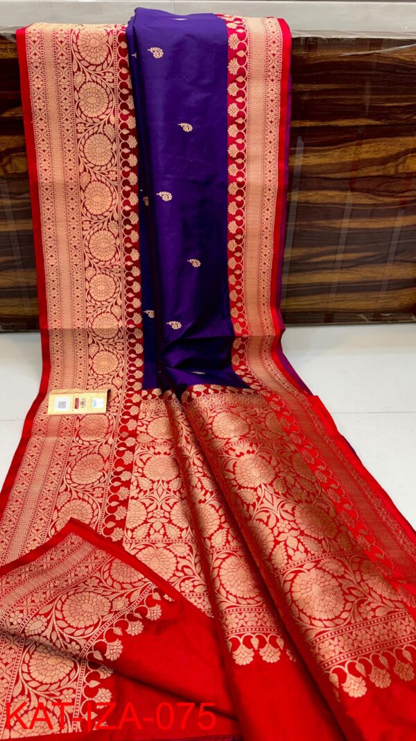 Purple And Red Border Pure Handloom Katan Silk Saree with Antique Zari
