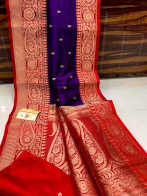 Royal Blue And Dark Red Border Pure Handloom Katan Silk Saree with Antique Zari