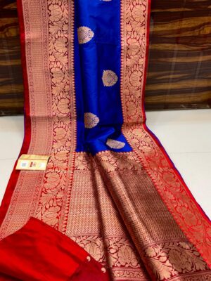 Bright Royal Blue And Dark Red Border Pure Handloom Katan Silk Saree with Antique Zari