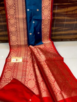 Purple And Teal Blue Border Pure Handloom Katan Silk Saree with Antique Zari