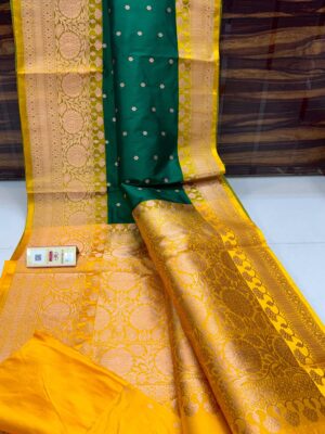 Yellow And Teal Blue Border Pure Handloom Katan Silk Saree with Antique Zari