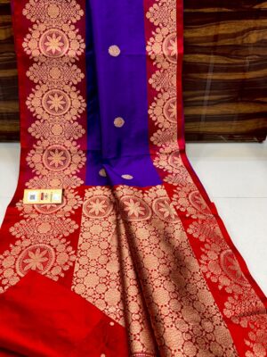 Bright Blue And Red Border Pure Handloom Katan Silk Saree with Antique Zari