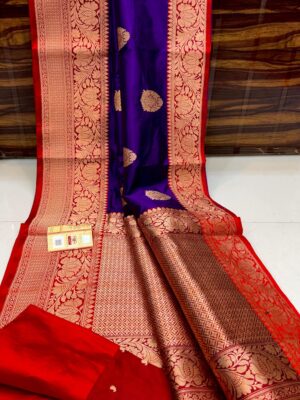Dark Blue And Red Border Pure Handloom Katan Silk Saree with Antique Zari