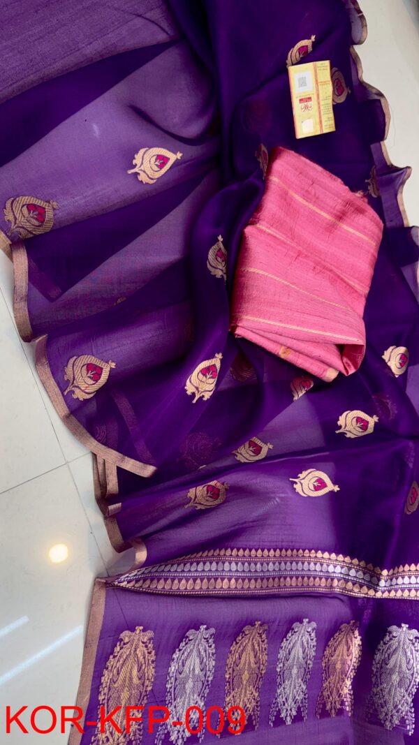Deep Purple And Rani Pink Handloom Banarasi Pure Organza Kora Silk Saree