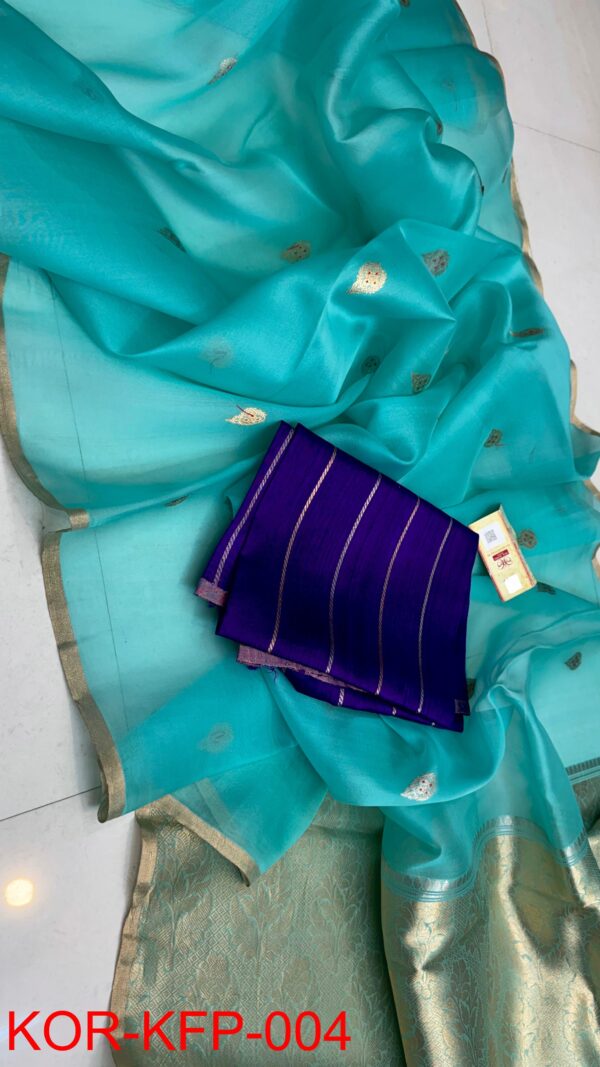 Aqua Blue And Purple Handloom Banarasi Pure Organza Kora Silk Saree