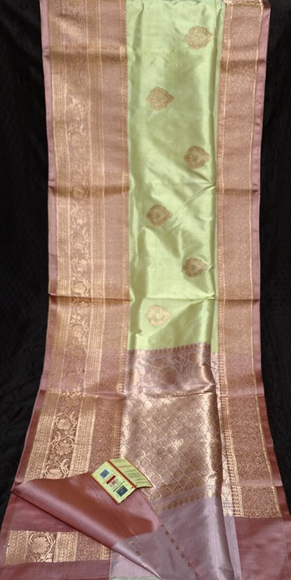 Light Pistachio Green And Dusty Pink Border IZA Pure Handloom Katan Silk Saree