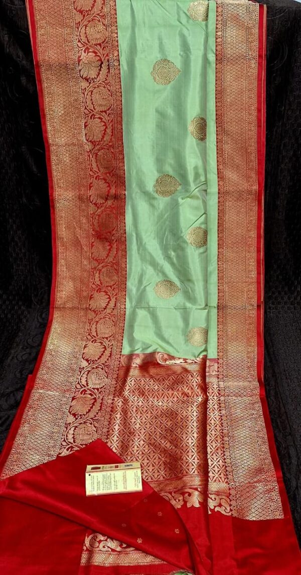 Light Pistachio Green And Red Border IZA Pure Handloom Katan Silk Saree