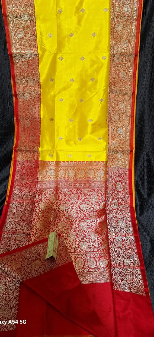 Yellow And Purple Border IZA Pure Handloom Katan Silk Saree