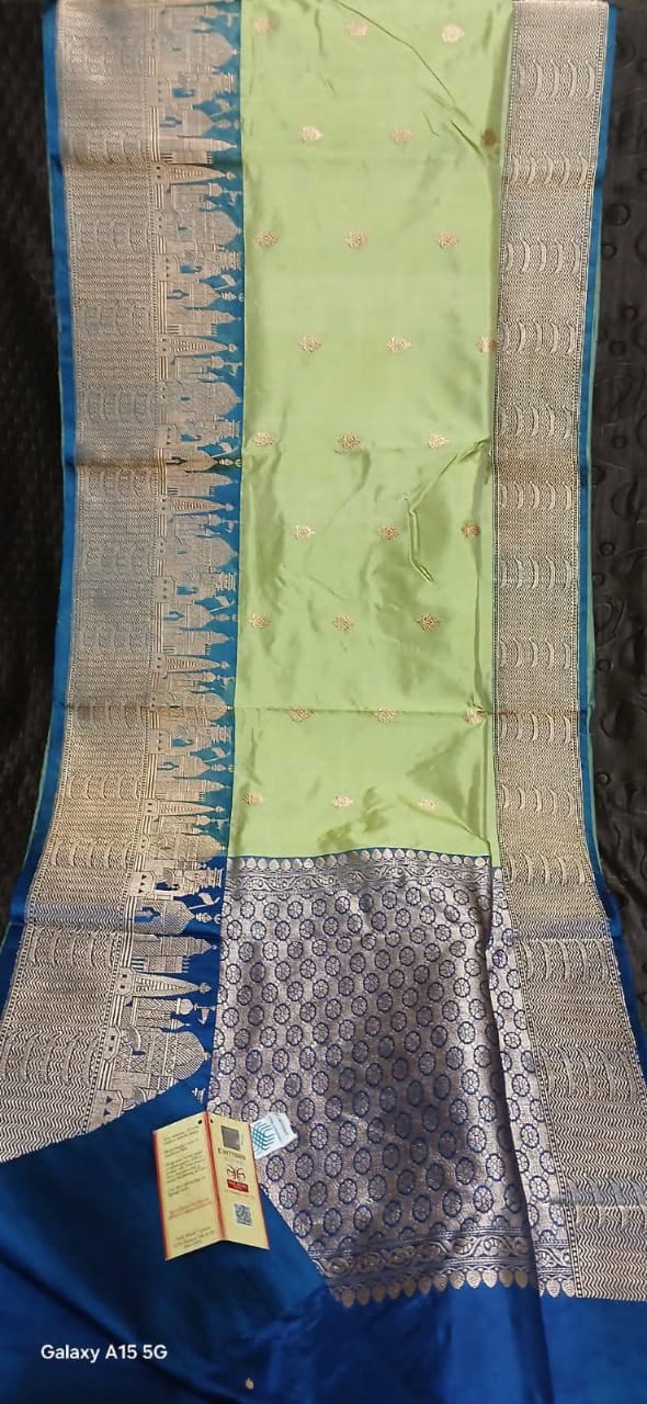 Light Lime Green And Teal Blue Border IZA Pure Handloom Katan Silk Saree