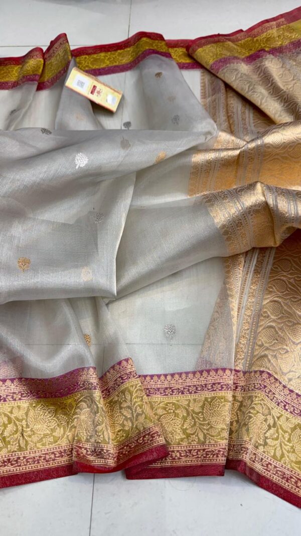 Light Cream And Yellow Maroon Border Bridal Tissue Handloom Kadhwa Saree