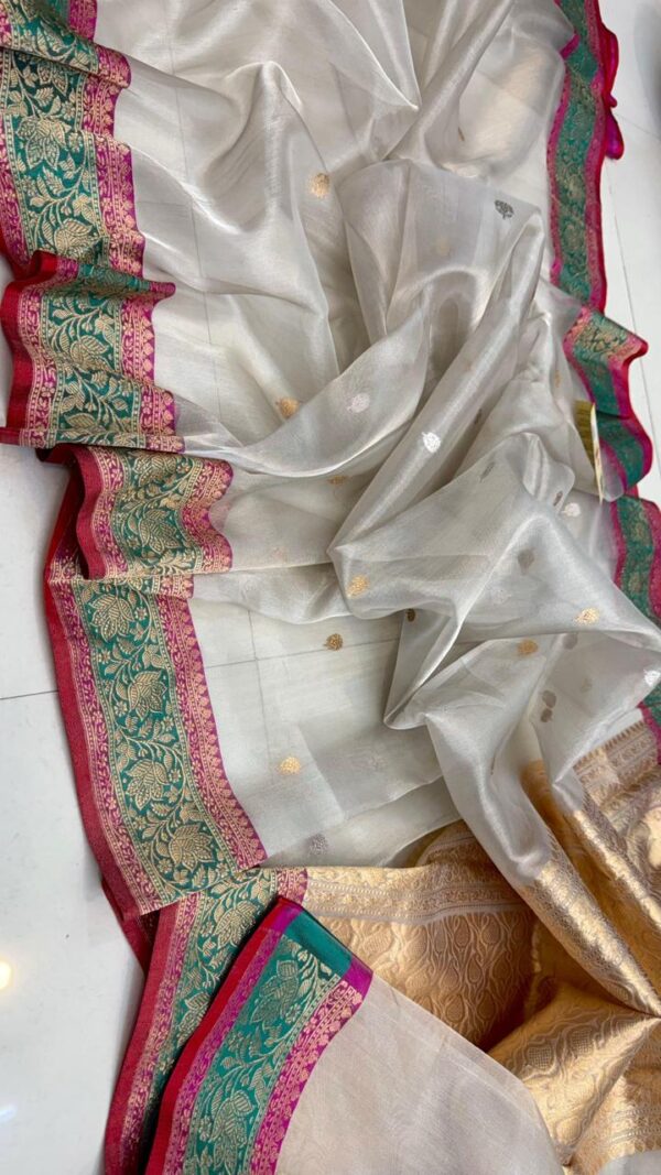 Light Cream And Rani Pink Green Border Bridal Tissue Handloom Kadhwa Saree