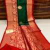 Dark Green And Red Border Banarasee Pure Handloom Khaddi Silk Saree