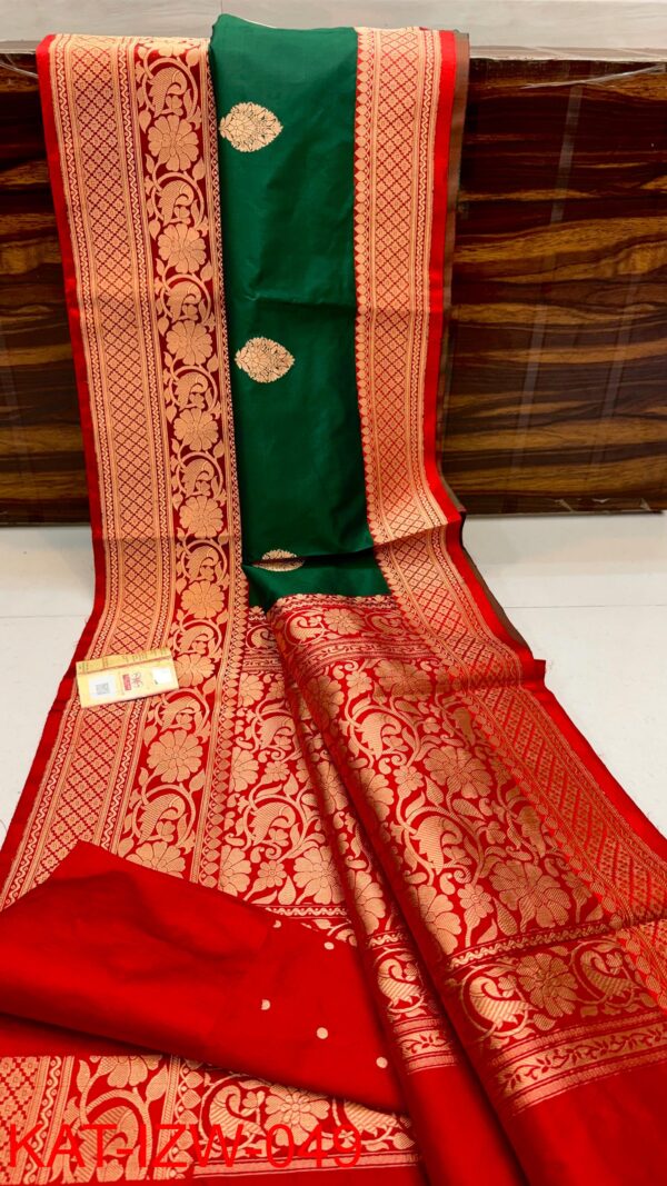 Dark Green And Red Border Banarasee Pure Handloom Khaddi Silk Saree