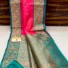 Pink And Aqua Blue Border Banarasee Pure Handloom Khaddi Silk Saree