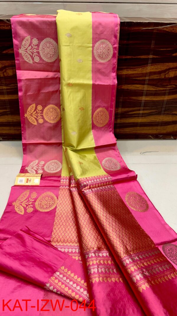 Light Yellow And Rani Pink Border Banarasee Pure Handloom Khaddi Silk Saree