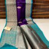 Purple And Aqua Blue Border Banarasee Pure Handloom Khaddi Silk Saree