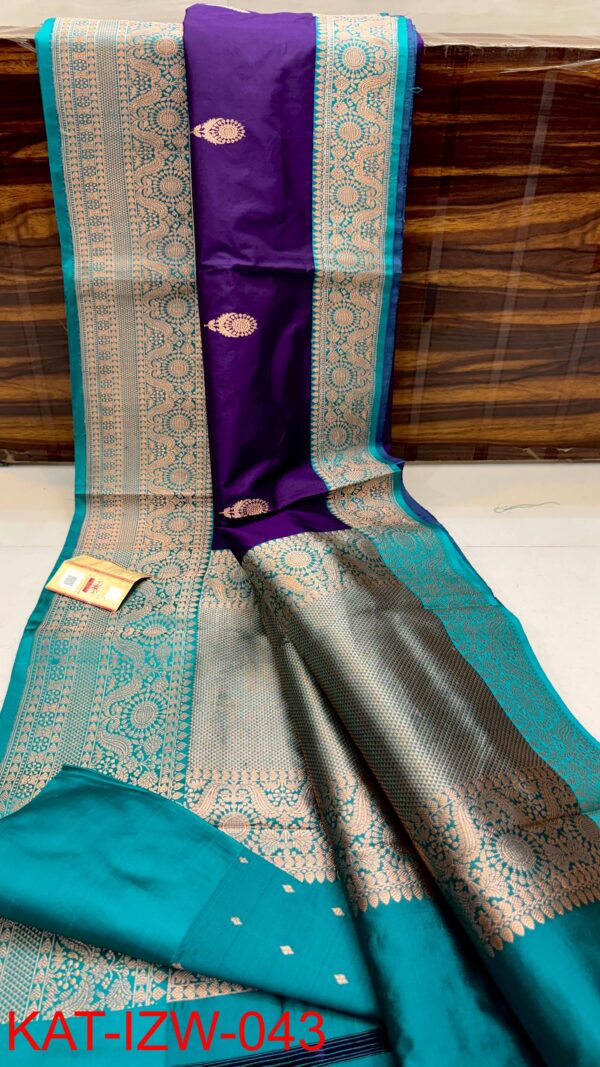 Purple And Aqua Blue Border Banarasee Pure Handloom Khaddi Silk Saree