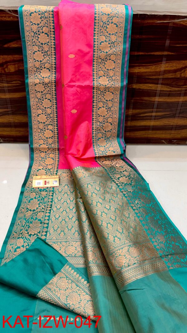 Pink And Aqua Blue Border Banarasee Pure Handloom Khaddi Silk Saree
