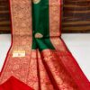 Dark Green And Red Border Banarasee Pure Handloom Khaddi Silk Saree